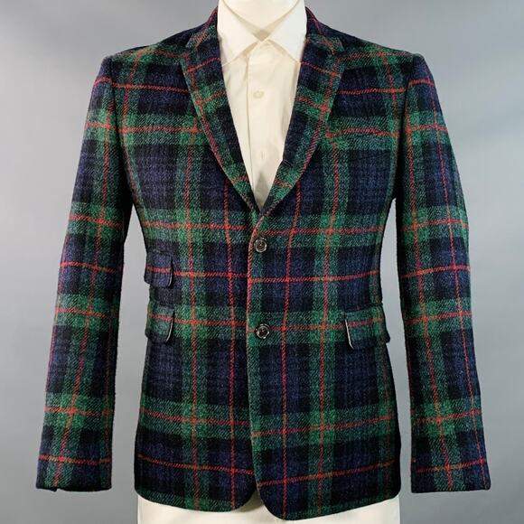 BLACK FLEECE Size 42 Regular Green Blue Red Plaid Wool Notch Lapel Sport Coat - Picture 1 of 9